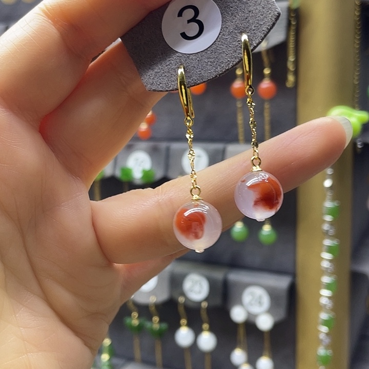 南红玛瑙银S925镀金镶嵌耳饰