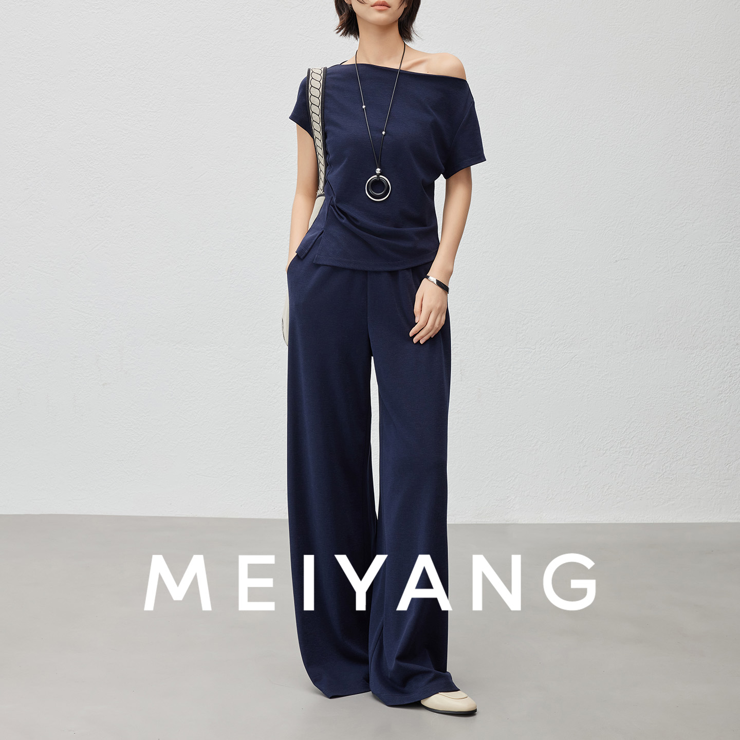 美洋MEIYANG【商场同款】丝麻二号套装 一字肩短袖T恤/阔腿裤-周一