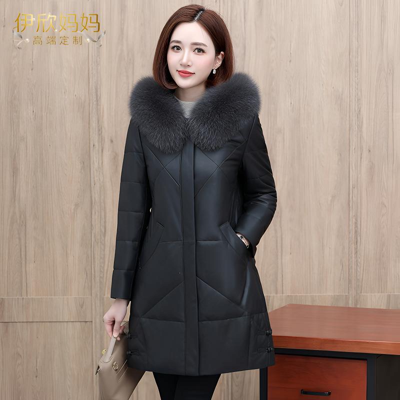 海宁皮衣女外套2025冬季新款羽绒棉服中长款连帽修身加厚棉袄女款