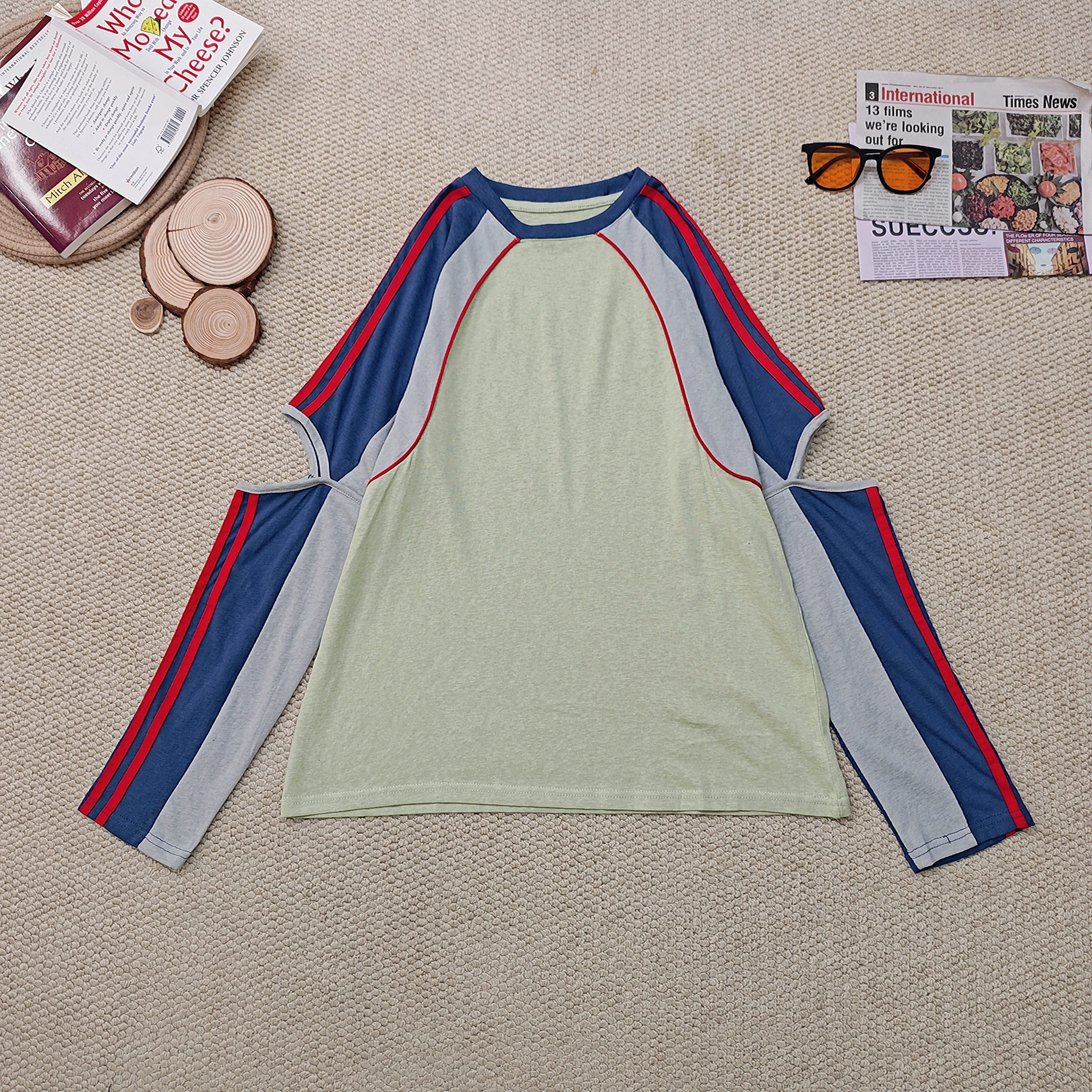 2025夏季新款纯色拼色设计感防晒长袖T恤2395