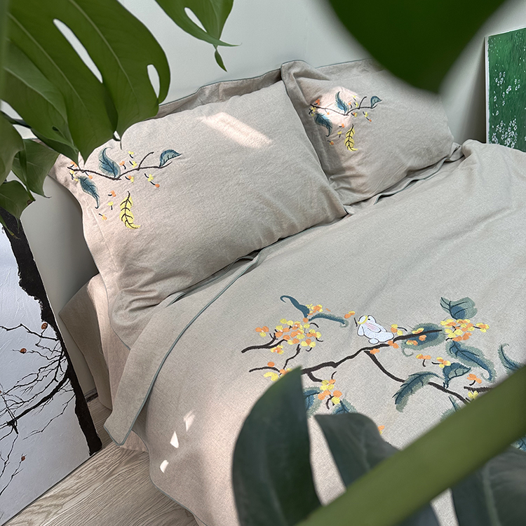 玉兔望桂  汉麻棉雨露色四件套舒适柔软唯美床单被套枕套刺绣款