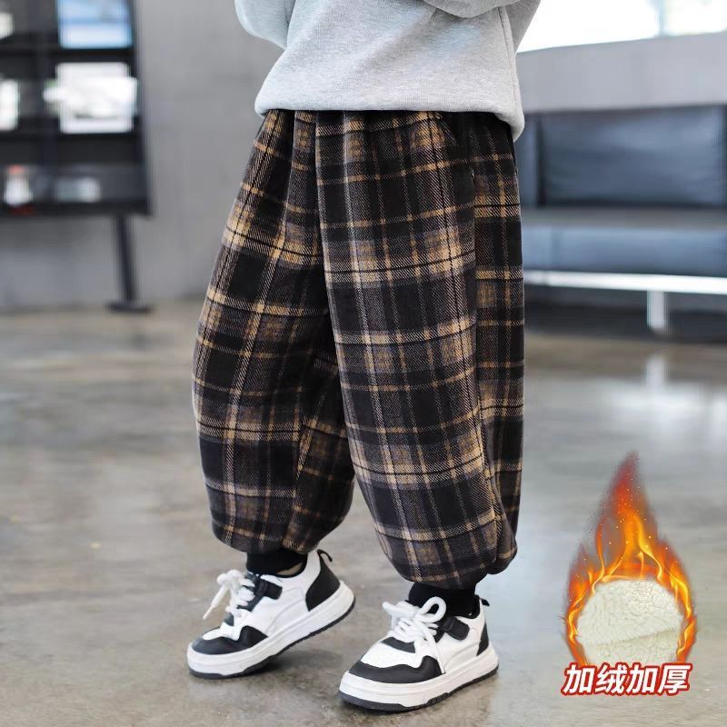 男童加羊羔绒冬季2024新款中大童加厚格子裤男女宝复古咖色格子裤