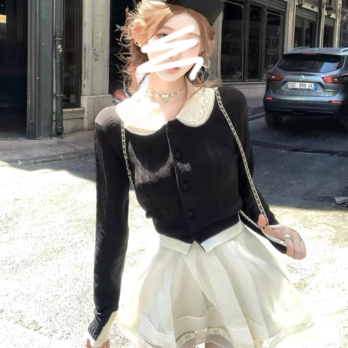 小小仟 夜珀礼赞 手工钉珠领撞色黑色开衫可拆卸娃娃领上衣半裙