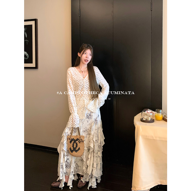 LUU桃喜儿/印花半身裙女夏设计感高腰长款裙子小众白色a字显瘦