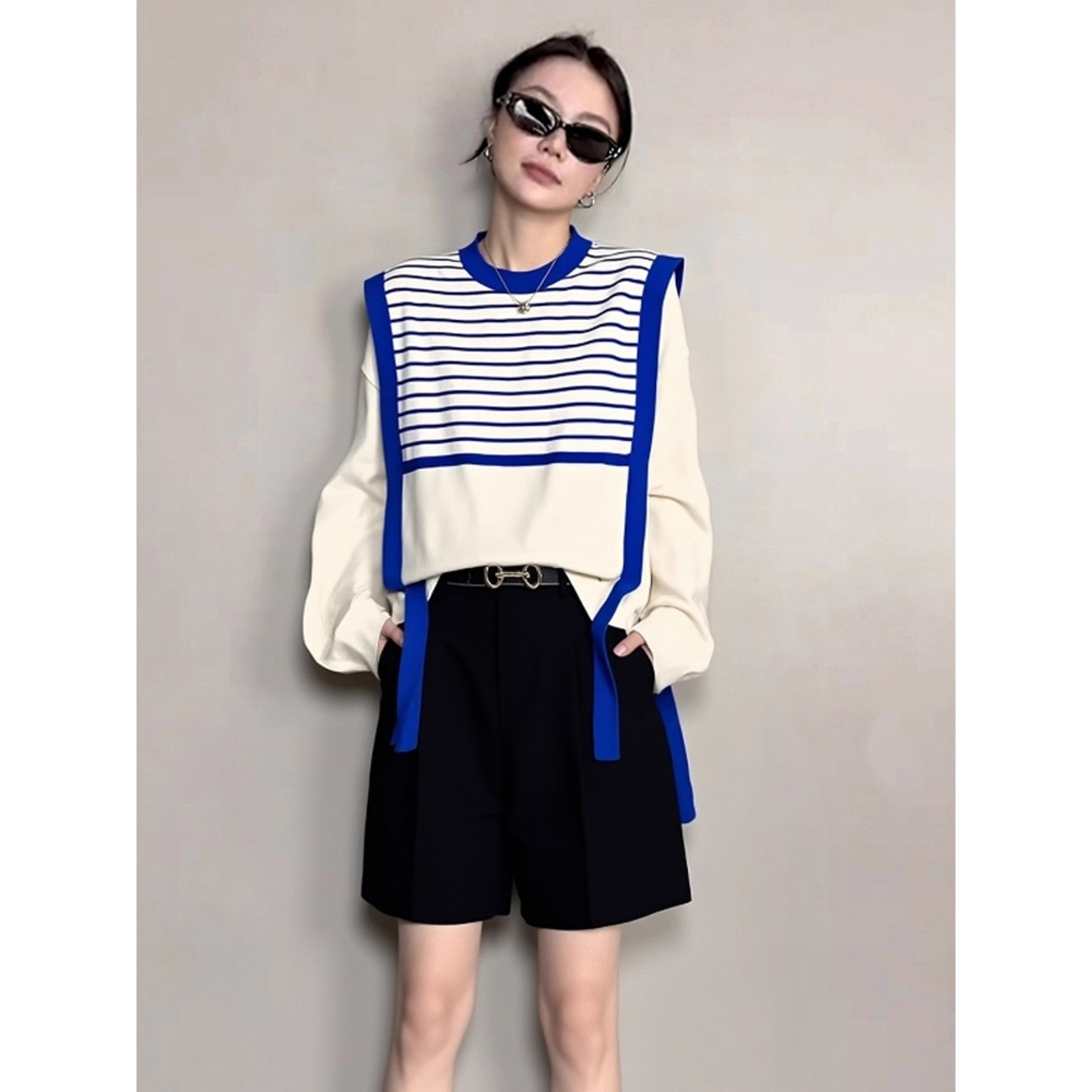 早秋小个子韩系百搭外搭上衣oversize美式高街休闲风蓝白拼接卫衣