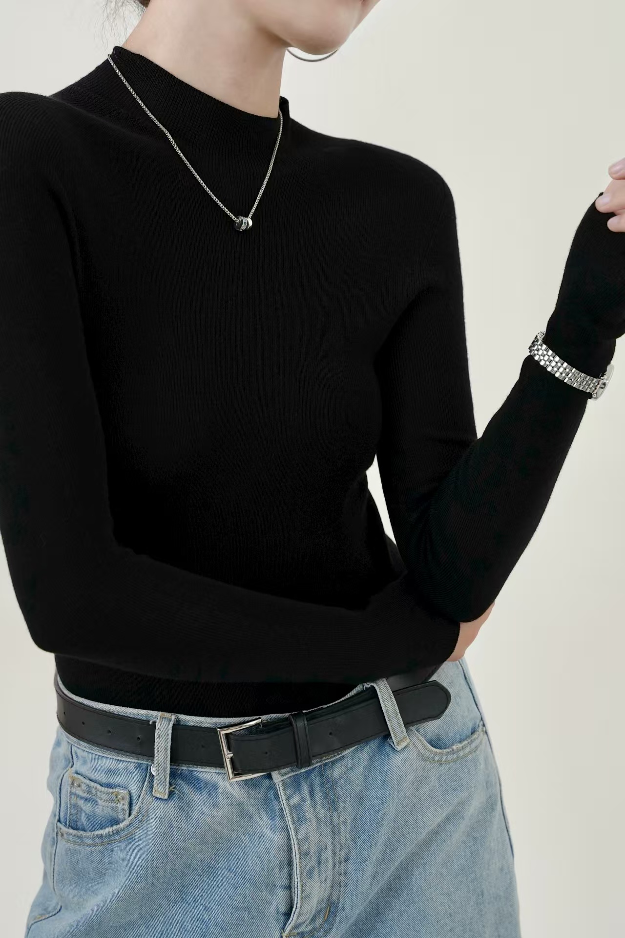 （62/2支）纯色修身H版型上衣长袖羊毛打底衫1016