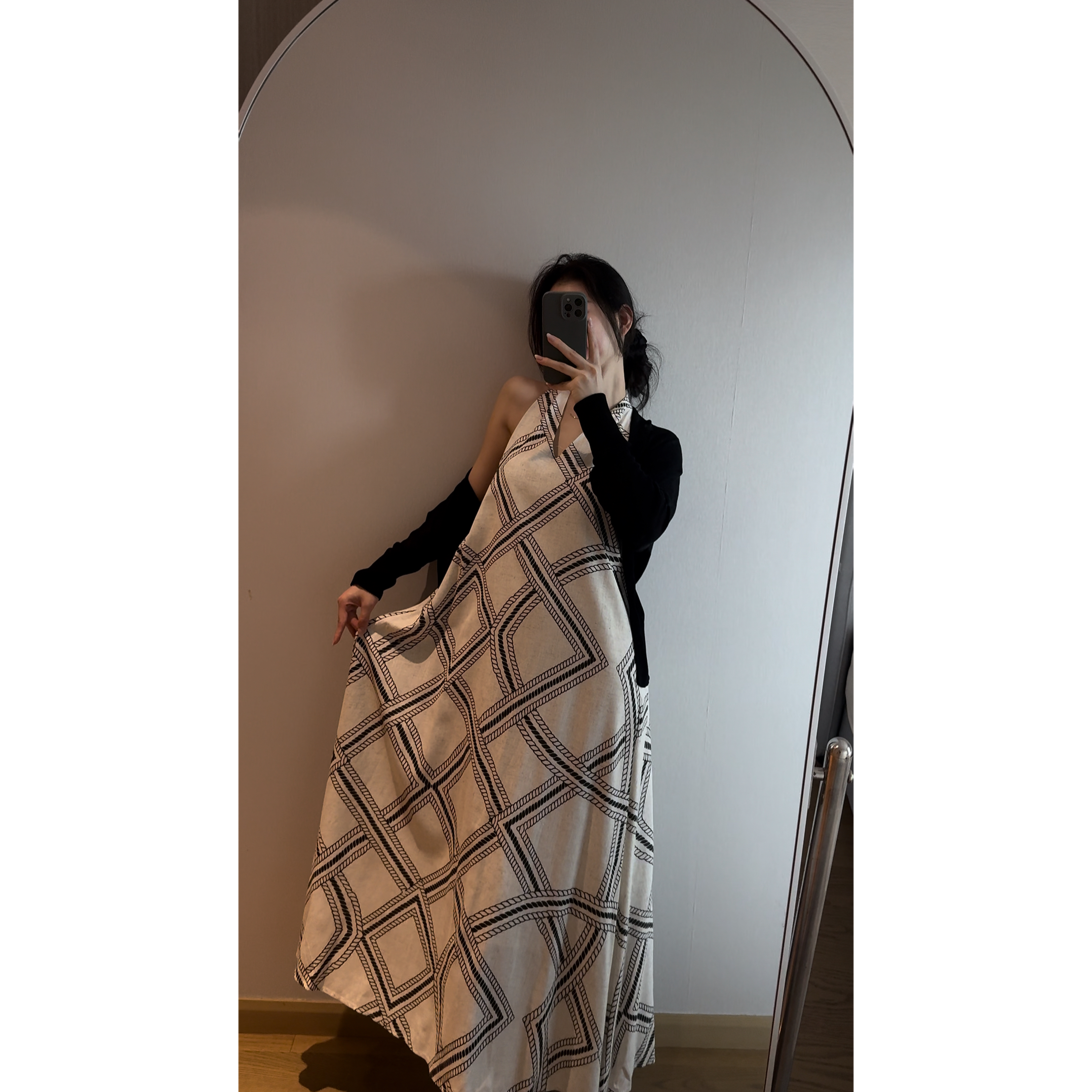 【素年】几何印花无袖挂脖亚麻肌理连衣裙长裙