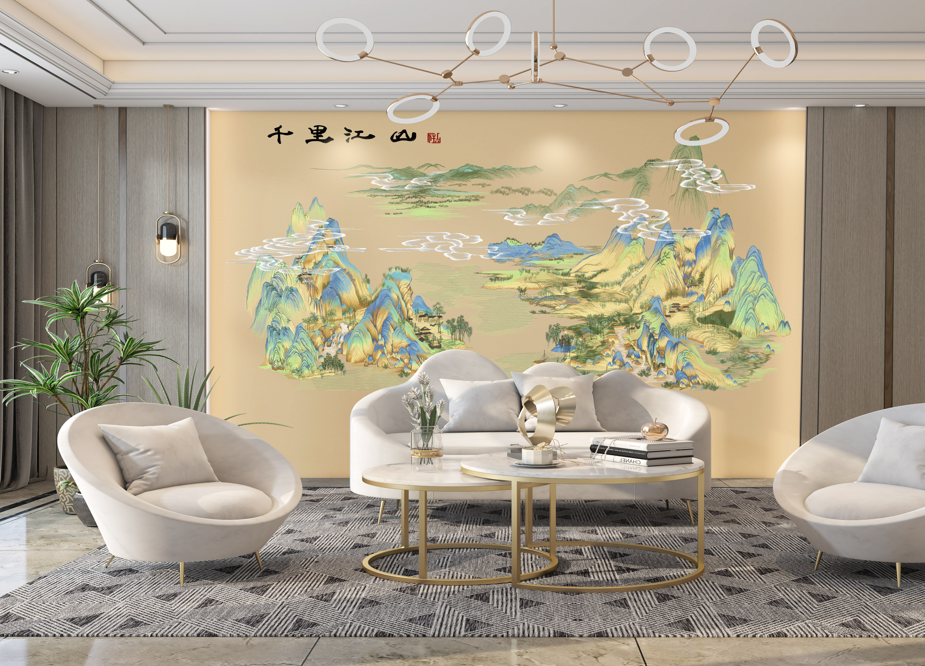 新千里江山图刺绣背景墙沙发茶室书房装饰壁布