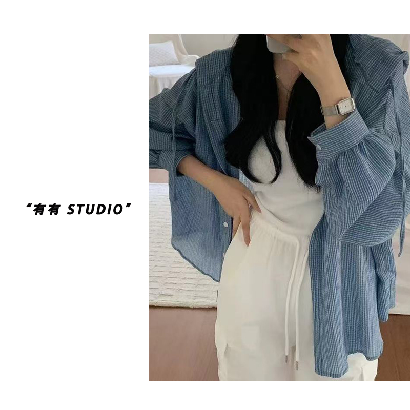「别具一格」韩系！松弛感蓝格子显瘦女士长袖衬衣