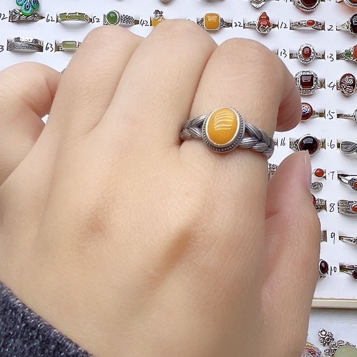 蜜蜡戒指银S925镶嵌天然