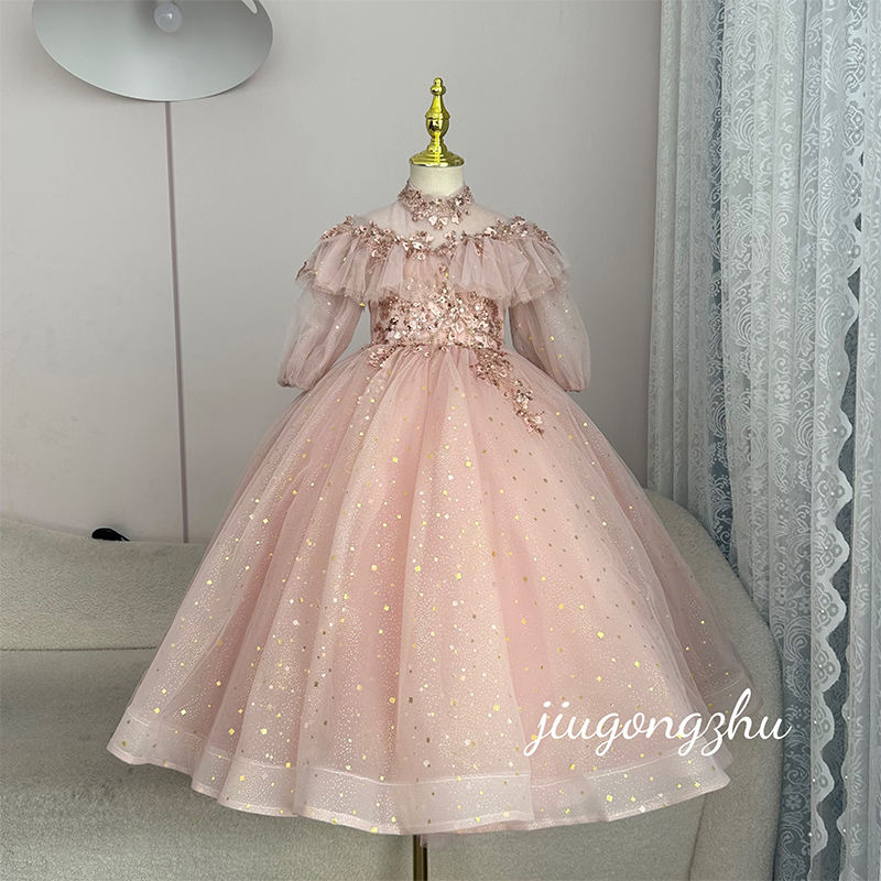 【樱花粉长袖】公主裙花童婚纱生日礼服裙高端表演服演出主持粉色