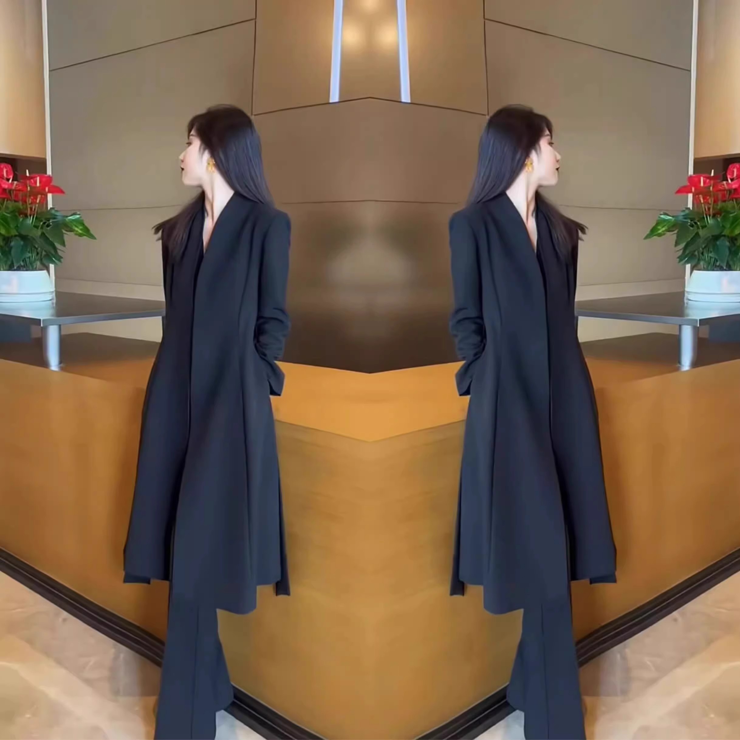 高级感黑色风衣外套中长款女2025秋冬新款西装风大码气质休闲大衣