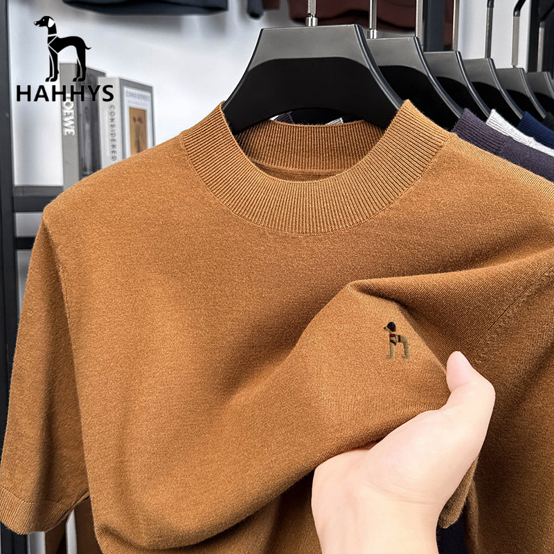 奥莱商场撤柜1折丨轻奢男装精仿羊毛半高领短袖打底针织衫毛衣男