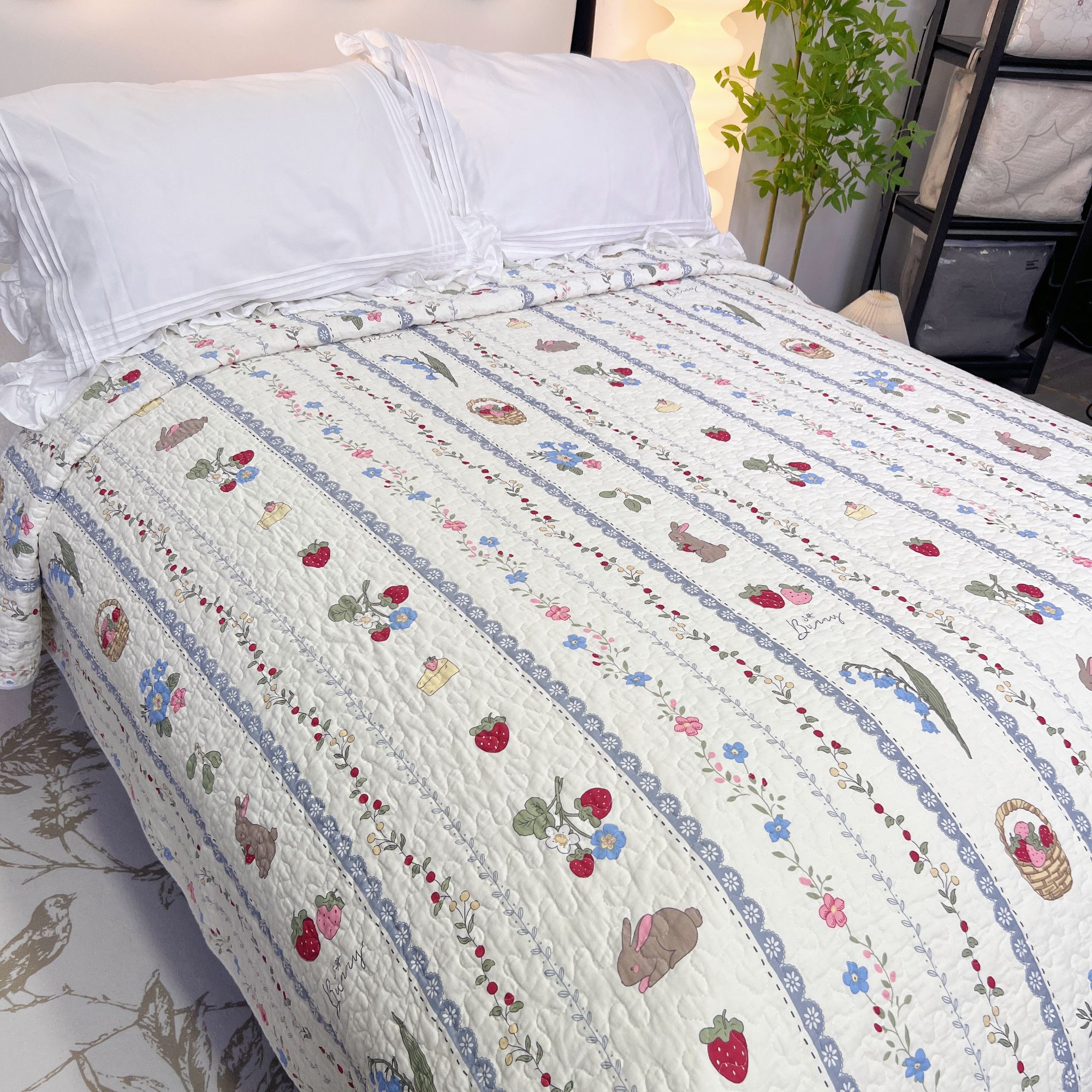 【花悦】斜纹花藤韩式双面纯棉圣诞风床盖三层夹棉榻榻米绗缝被床单