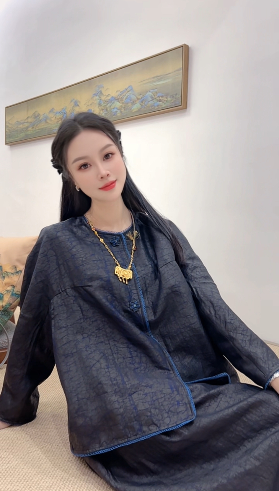 桑蚕丝香云纱蓝龟上衣半裙秋款