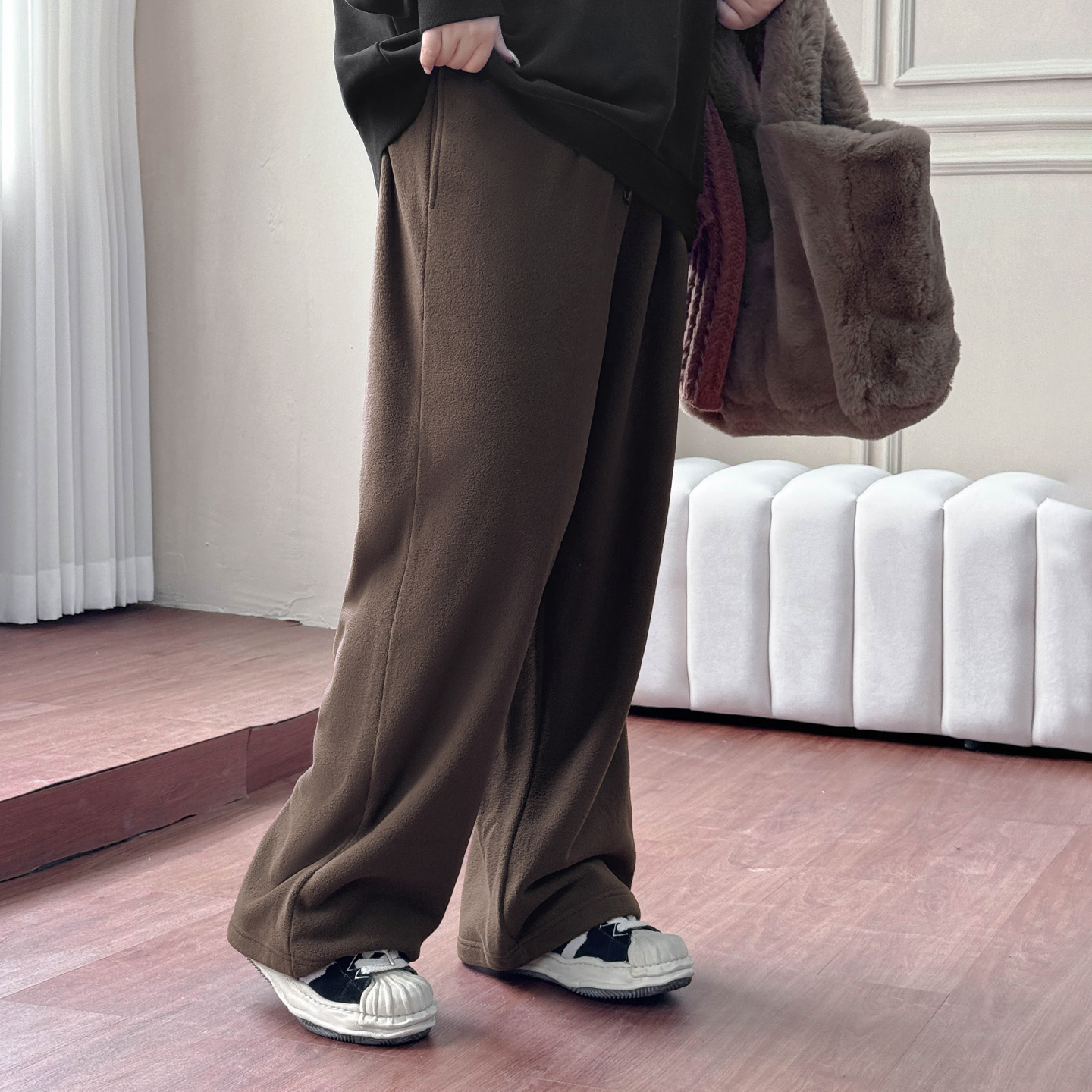 CD6677大码女装【暖冬摇粒裤】秋冬季胖mm高腰保暖抽绳束脚/阔腿裤