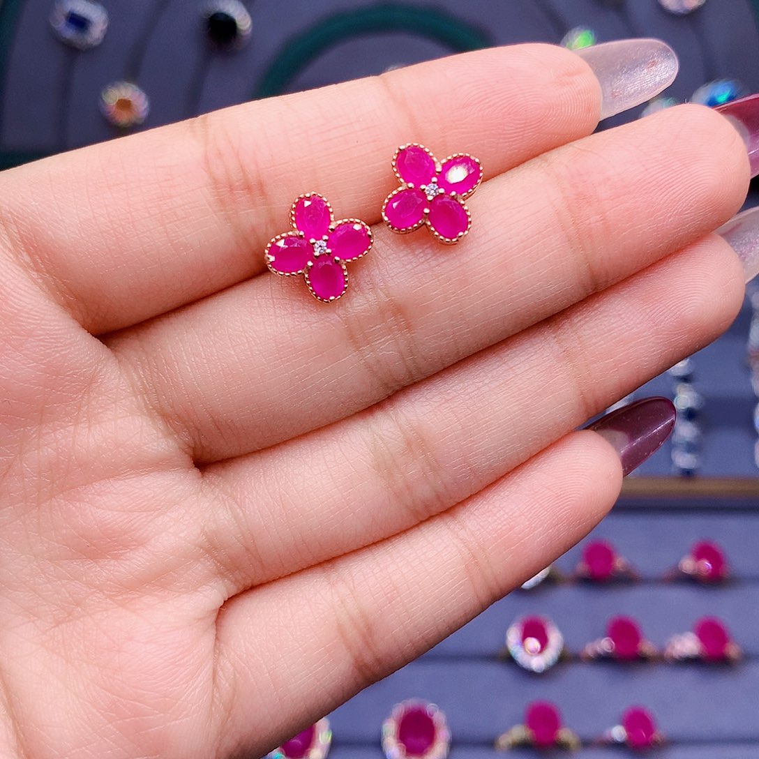 红宝石耳饰银S925镶嵌