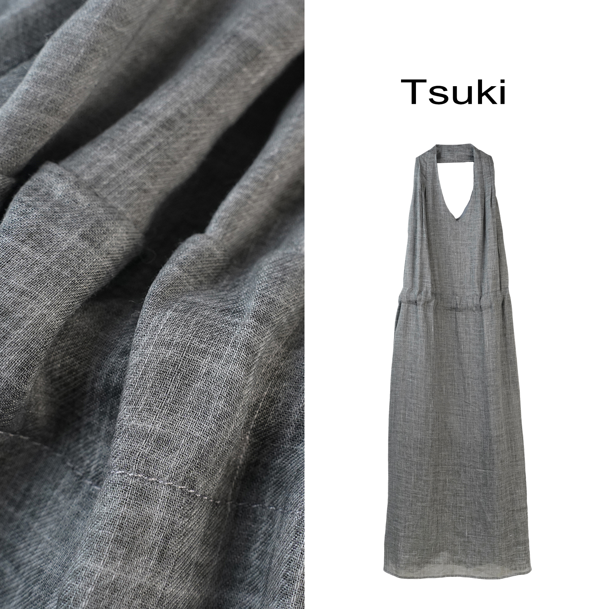 Tsuki 丝苎麻无袖V领挂脖连衣裙 NL659XL370