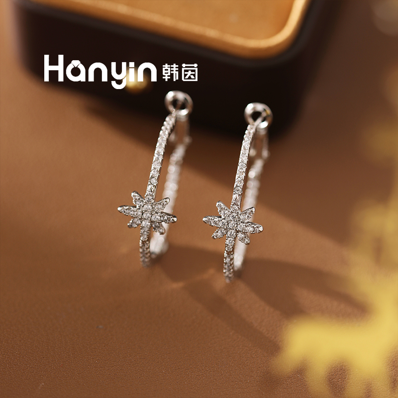 铜合金合成锆石耳饰 925银针满微镶八芒星35mm弹簧扣耳钉AAA