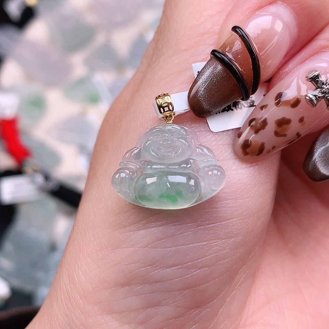 翡翠颈饰18K金镶嵌小飘绿佛18、13.3、17.6、3.7