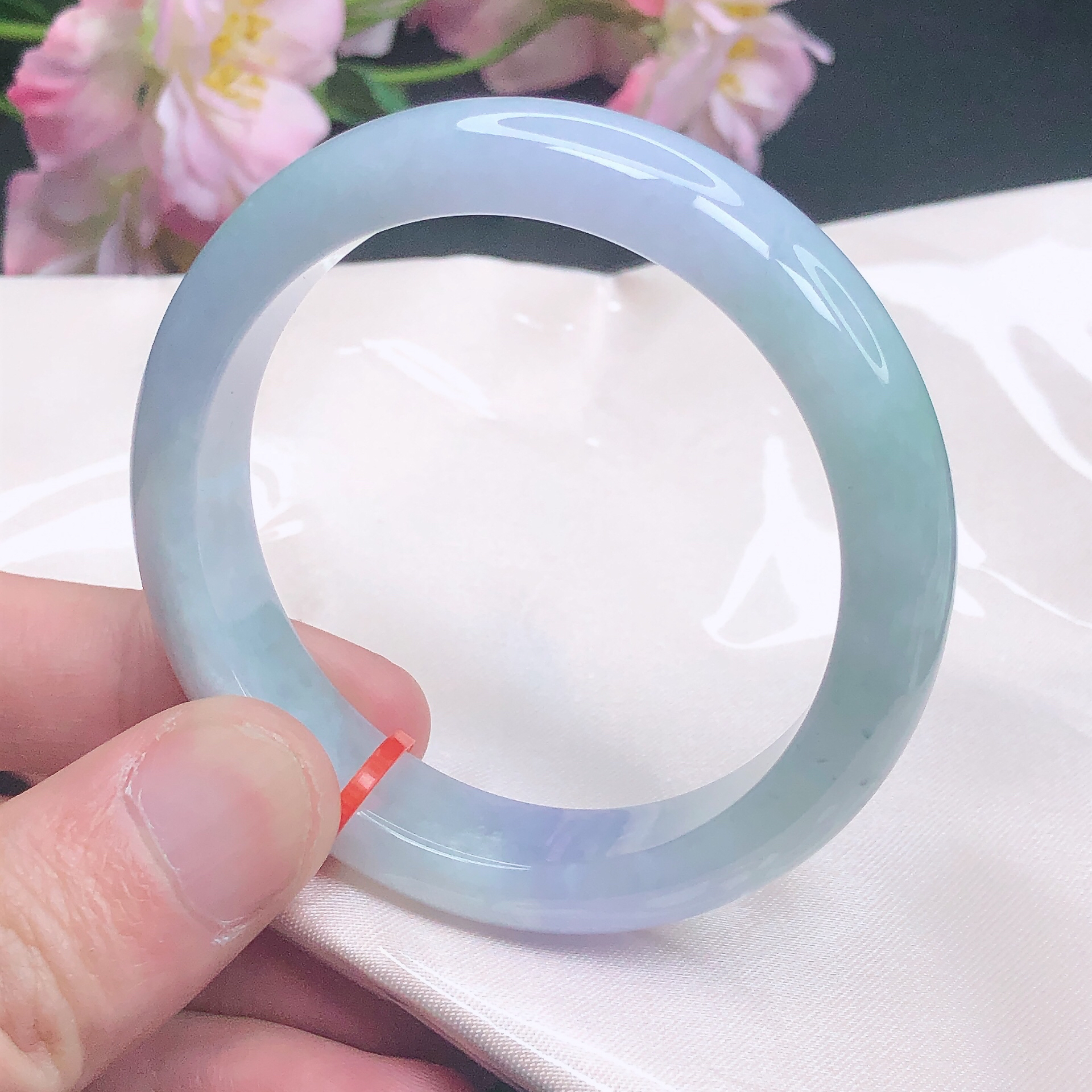 515 缅甸天然翡翠A货手镯 53圈冰润紫罗兰飘绿春彩镯子正圈玉手镯