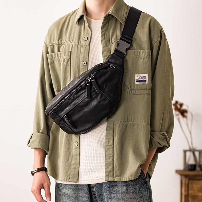 后步2025新款真皮胸包男ins个性斜跨百搭运动头层牛皮小背包潮牌