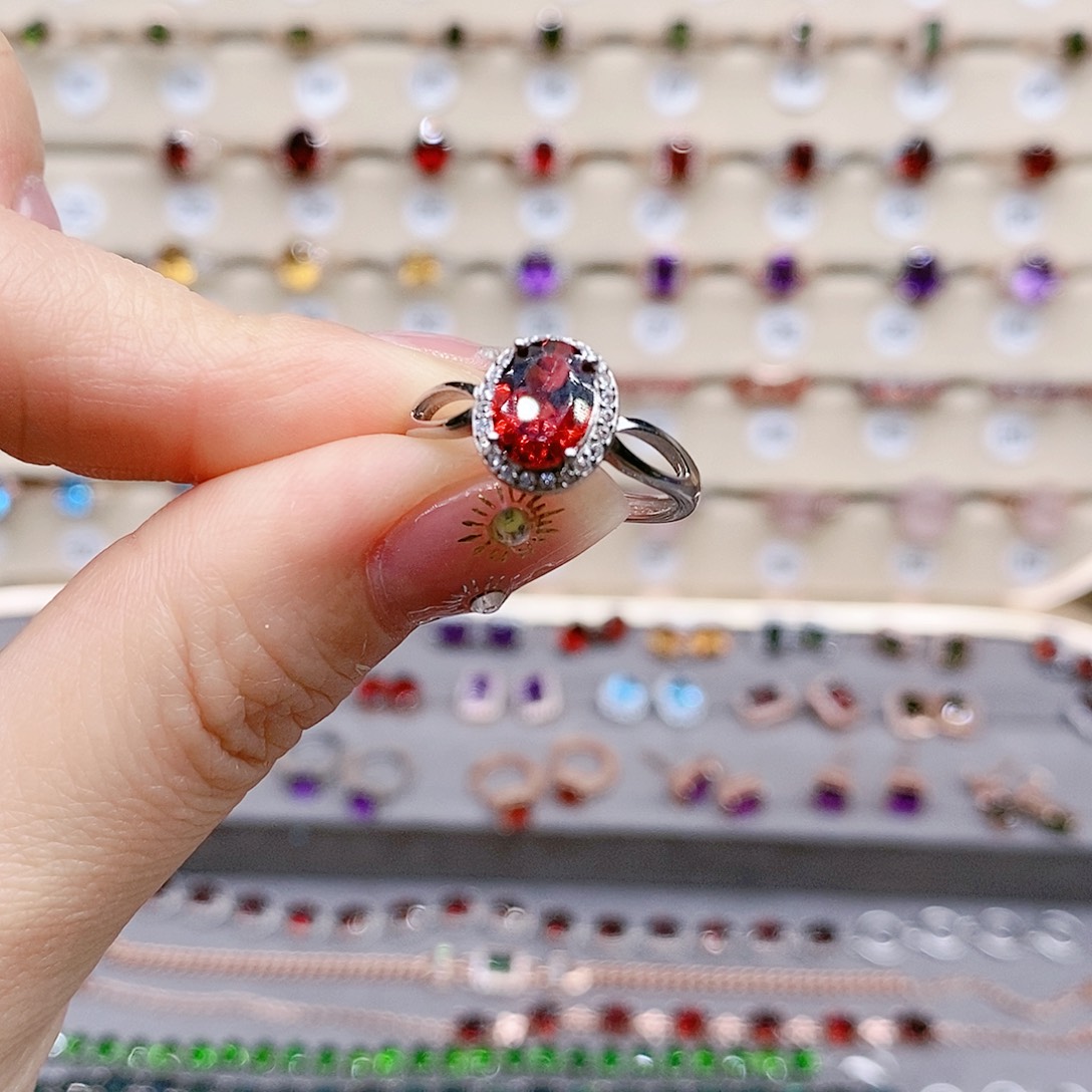 石榴石戒指银S925镶嵌戒指