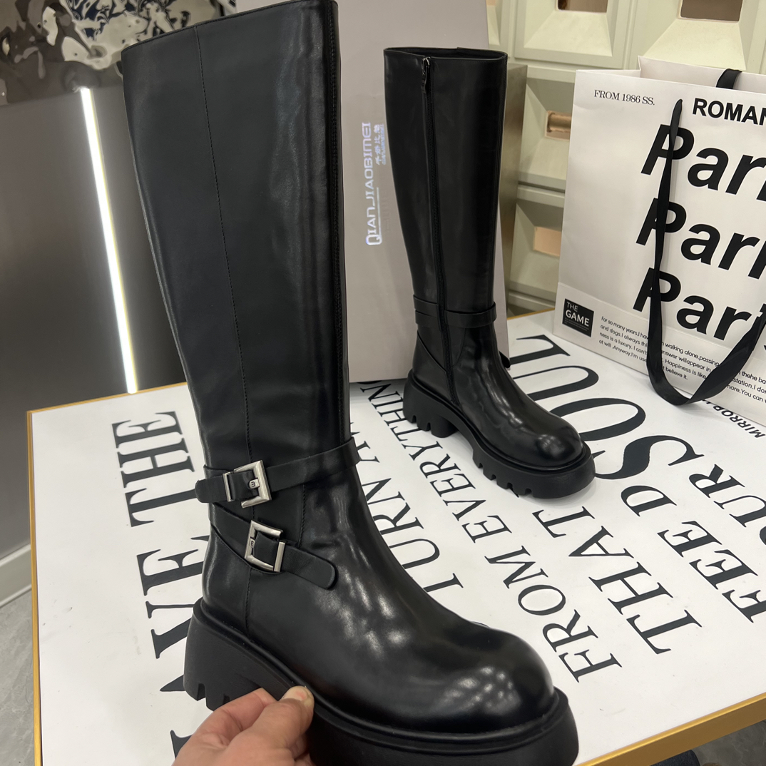 厚底骑士靴卡扣装饰保暖时尚百搭款高靴