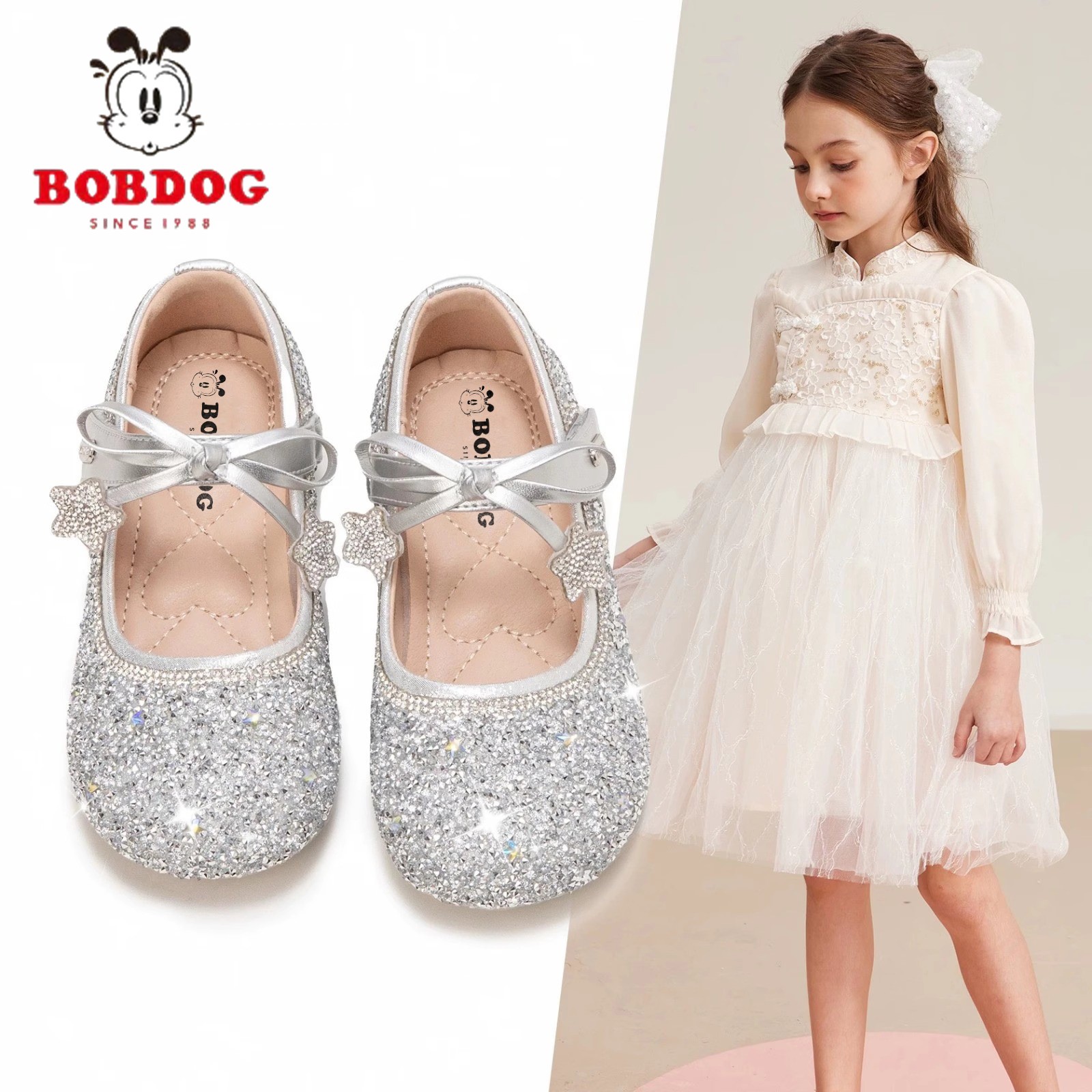 巴布豆女童公主鞋银色软底2025新款春季儿童皮鞋女孩春款鞋小单鞋