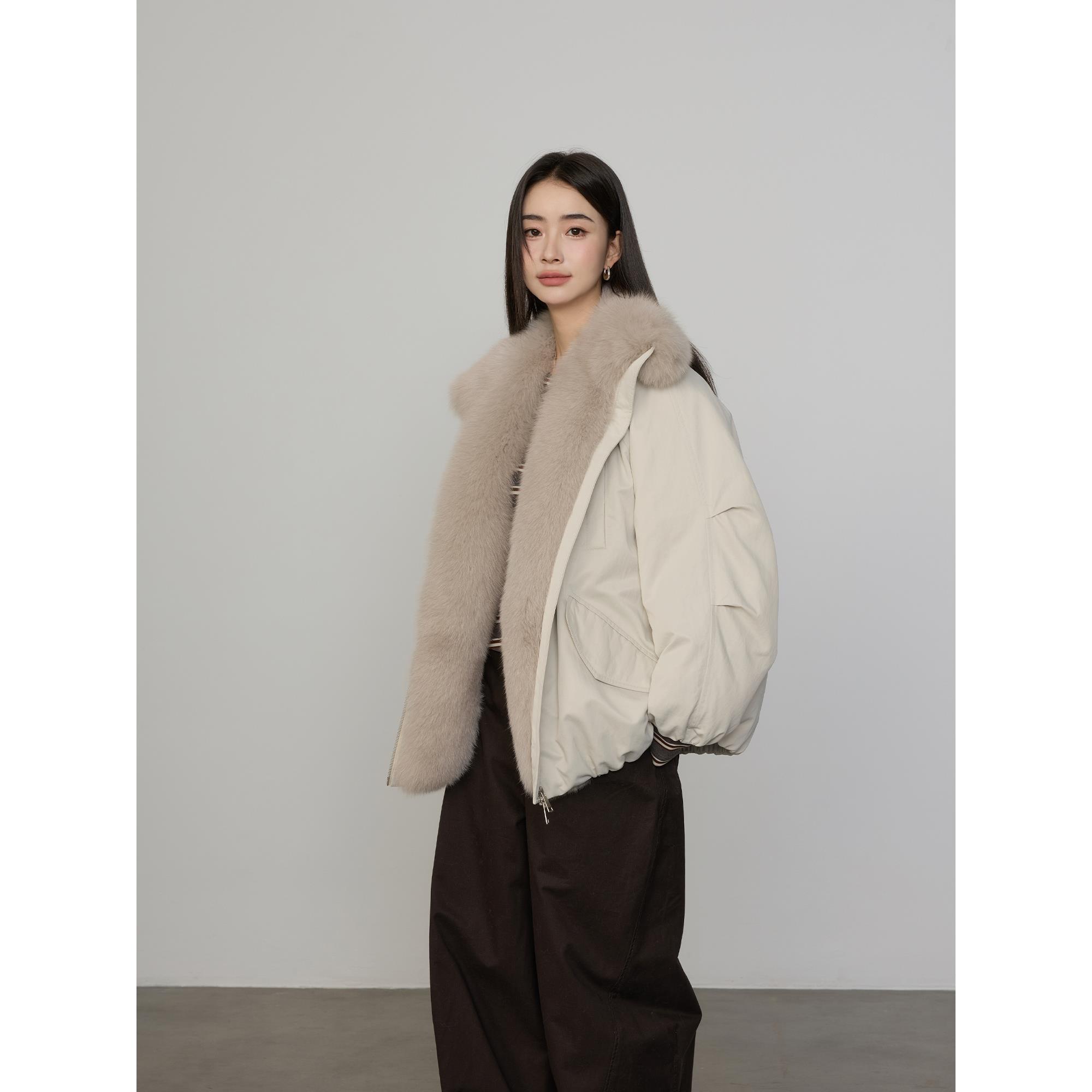 温暖对白 进口狐狸皮草毛领外套女中长款廓形90白鹅绒羽绒派克服