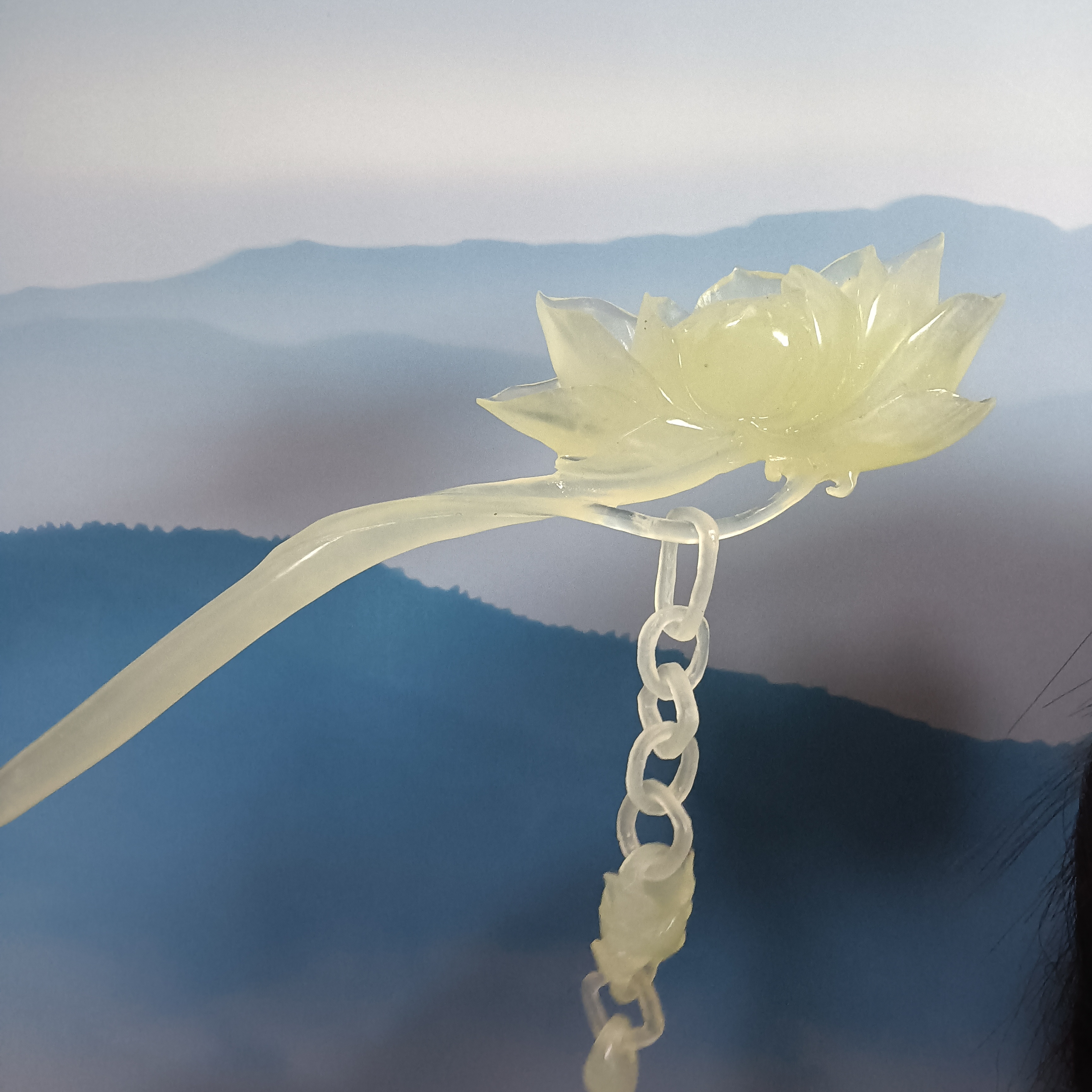 岫玉发簪手工雕刻，荷花一体流苏古风簪子