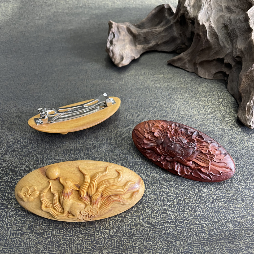 中式檀木弹簧夹一字夹发卡立体雕刻精雕发饰