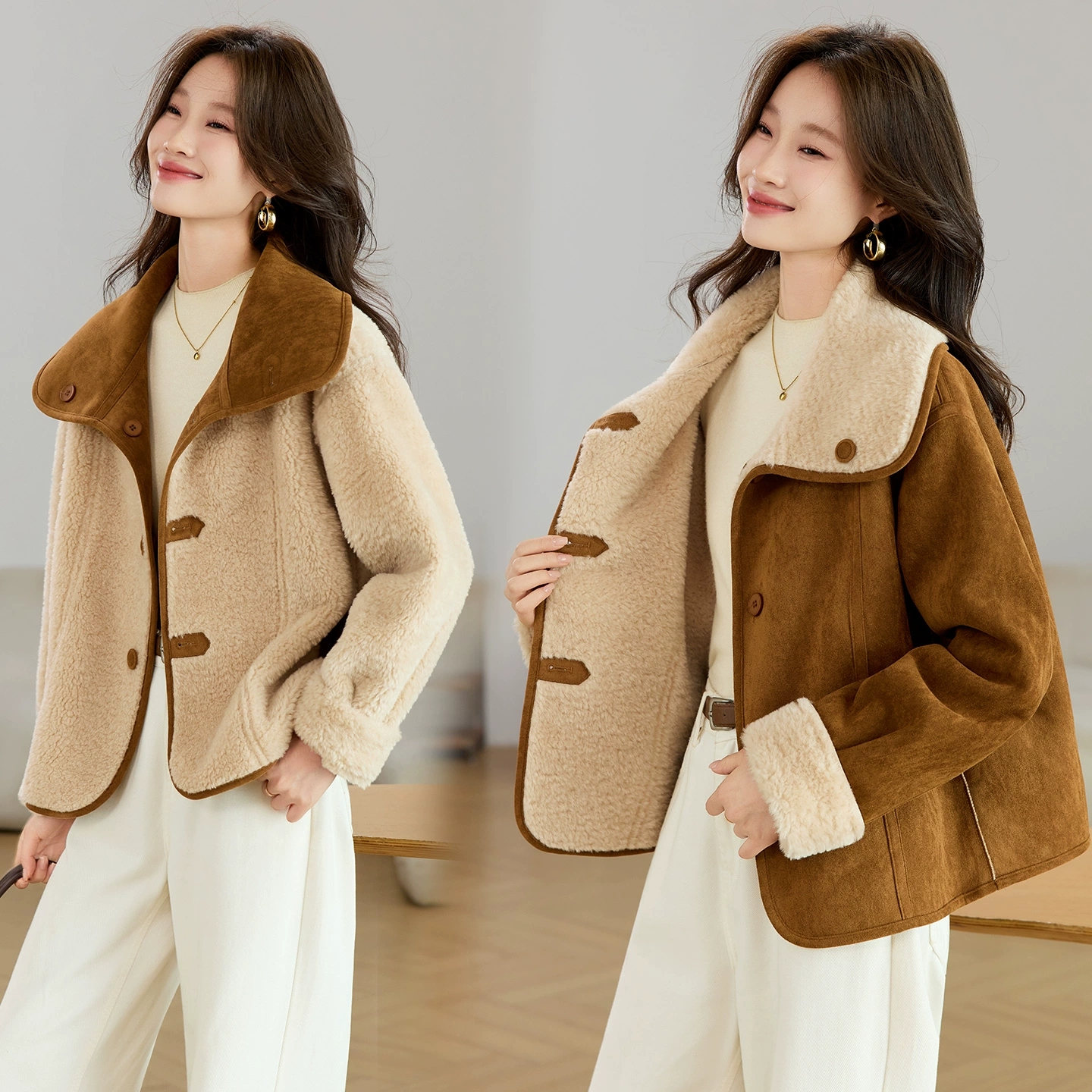 韩系两面穿麂皮绒毛毛短外套冬季加绒加厚保暖百搭显瘦女士上衣