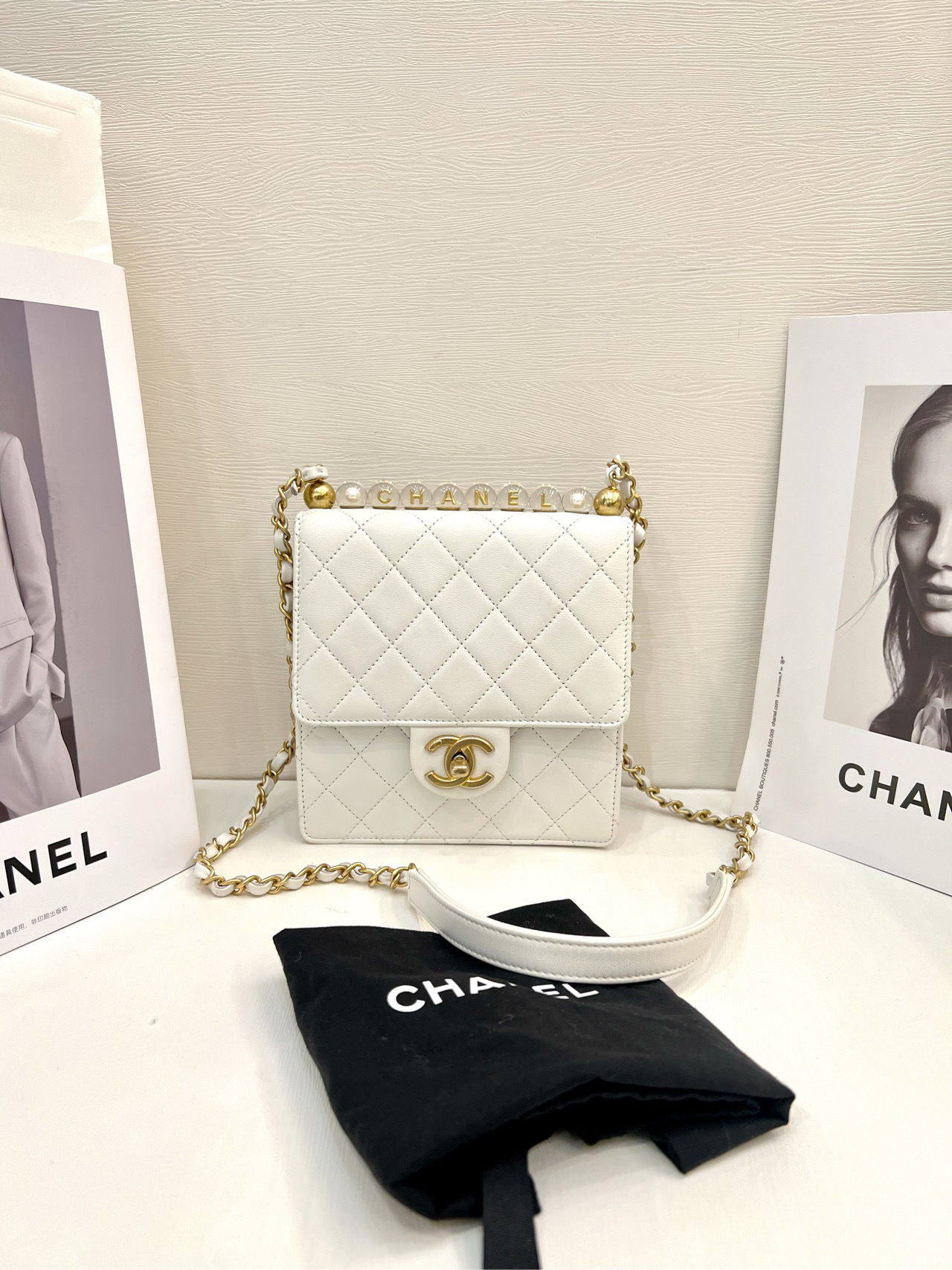 99新 Chanel/香奈儿 Chanel Cf竖版珍珠白色链条包