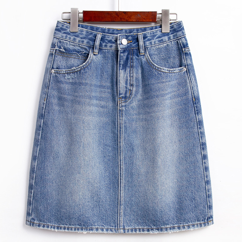 RAIN.CUN【一眼吸睛】深蓝色五分高腰A字版半身裙牛仔裙 QC11445L