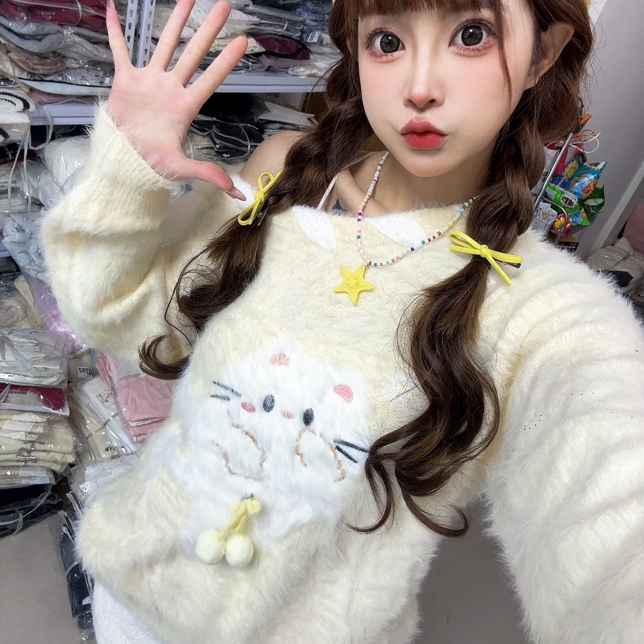 毛绒绒小猫蝴蝶结大板毛衣（可正肩、斜肩、一字肩，实物以直播间为准