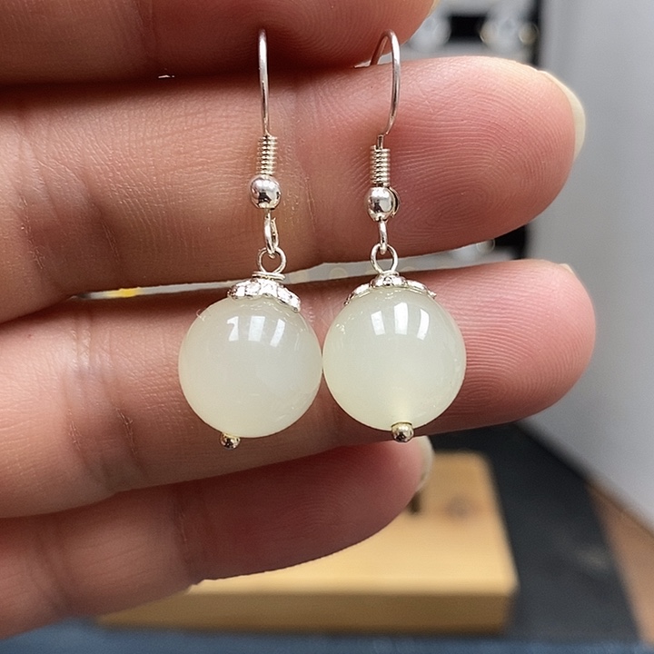 和田玉银S925镶嵌耳饰尺寸12mm