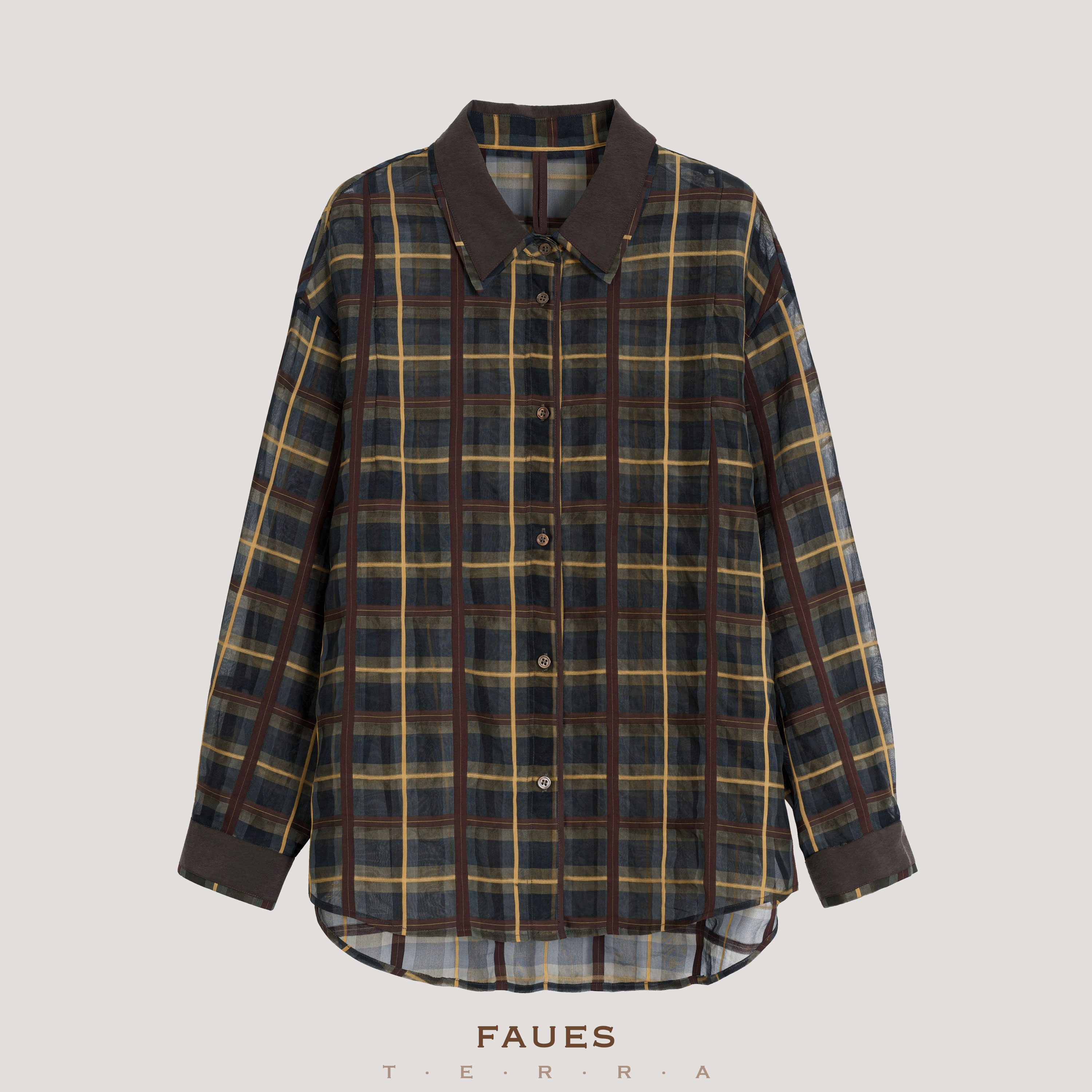 FAUES 瞬息桑蚕丝棉欧根缎色织格纹文艺阔版宽松防晒叠穿外套衬衫