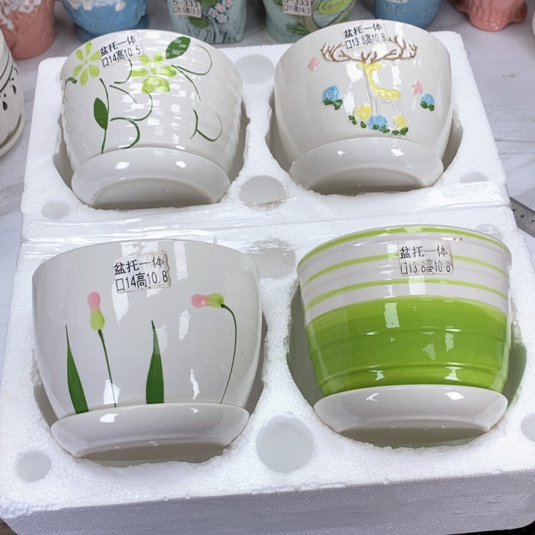 陶瓷@陶瓷花盆@@四个手绘