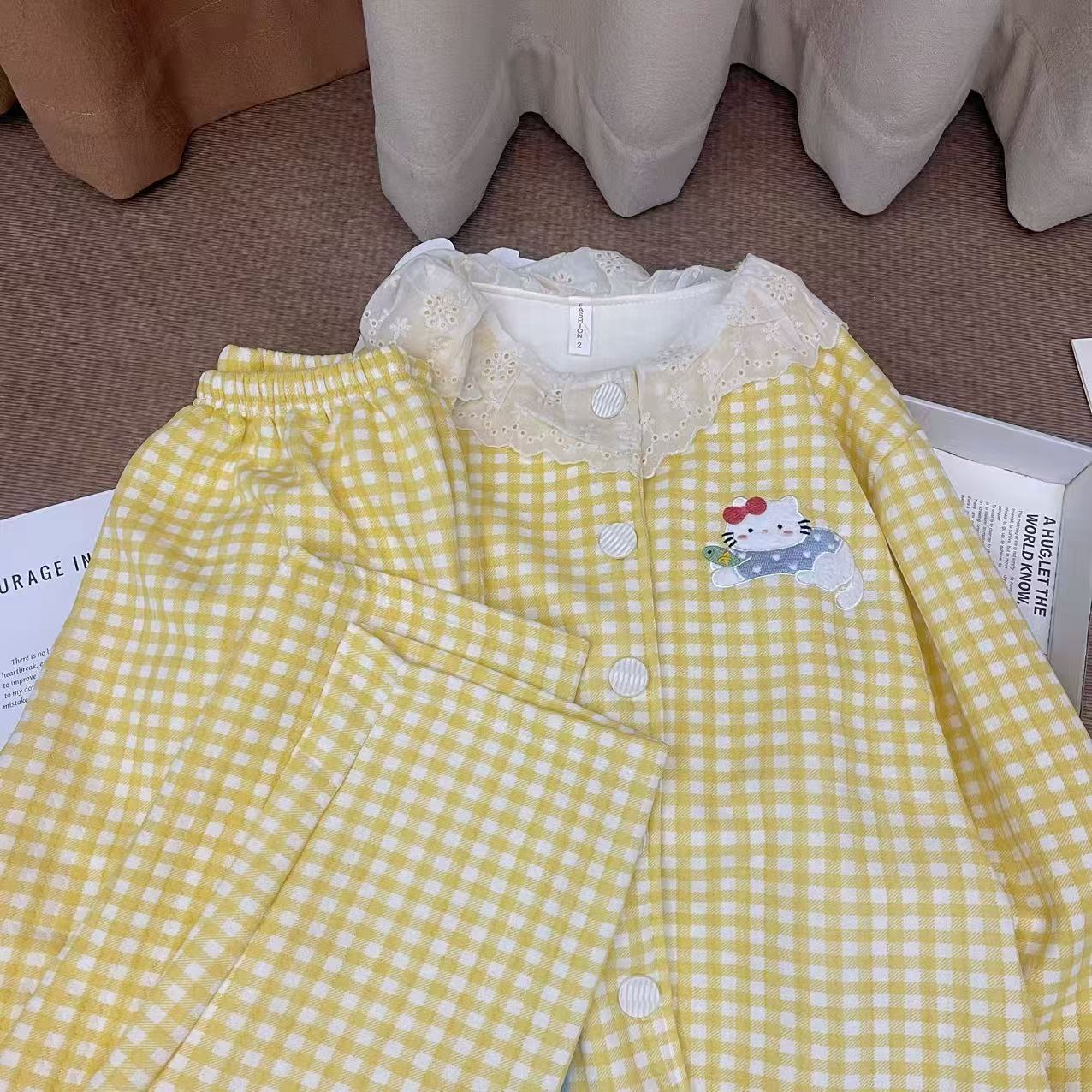 【冬季加厚】新款黄色格子温柔风宽松睡衣套装圆领大码MM家居服女士