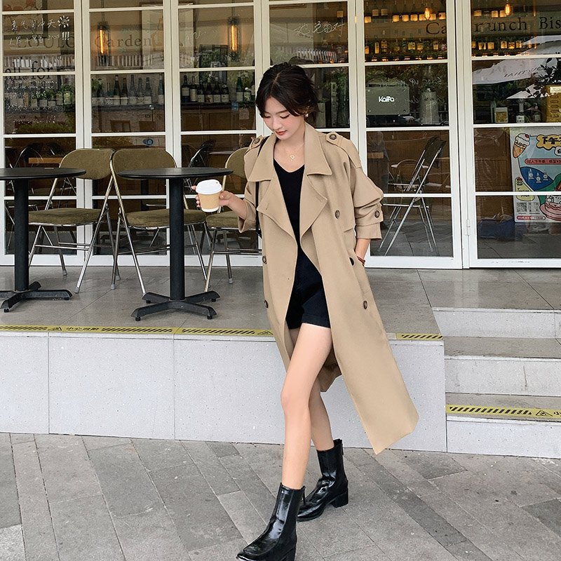 101-110小个子纽扣秋季纯色时尚中长款风衣过膝卡其常规春秋