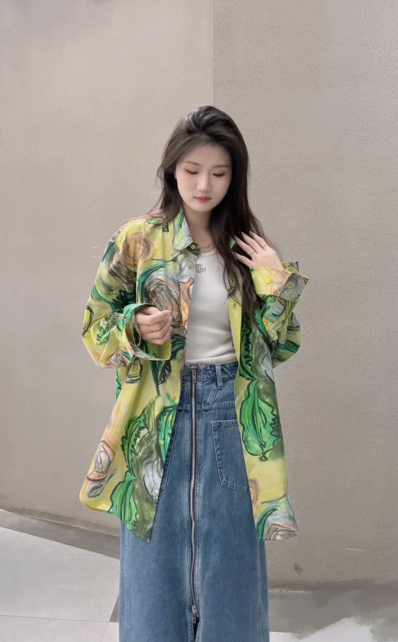 女士丛林花薄宽松衬衫春季