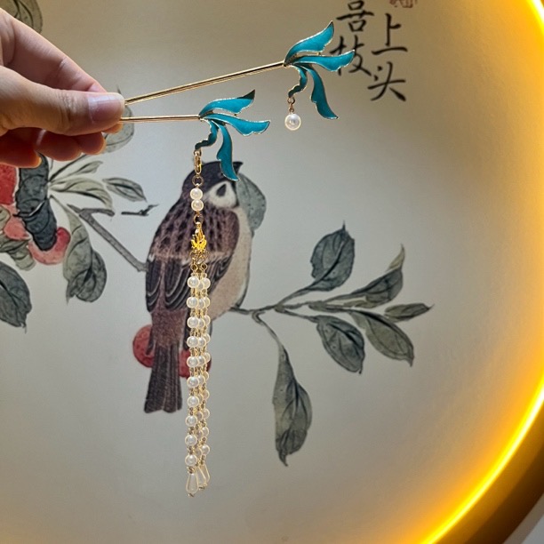 汉服烧蓝四叶狐尾兰花长流苏发簪古风饰品古典头饰