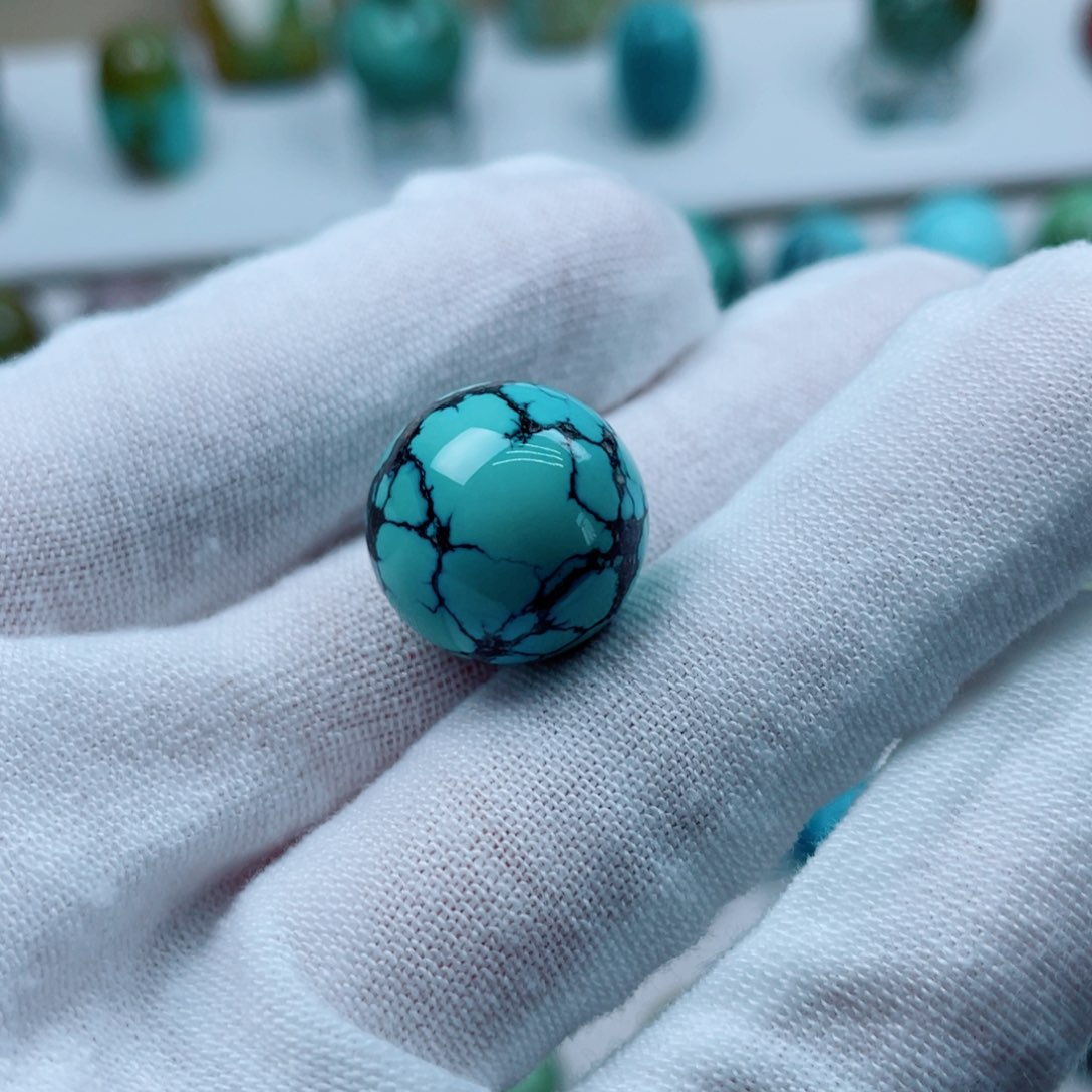 绿松石未镶嵌高瓷绿网花圆珠