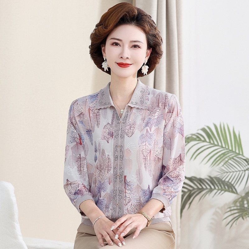 翻领中老年女装洋气套头外穿小衫春夏季新款针织长袖上衣宽松薄款