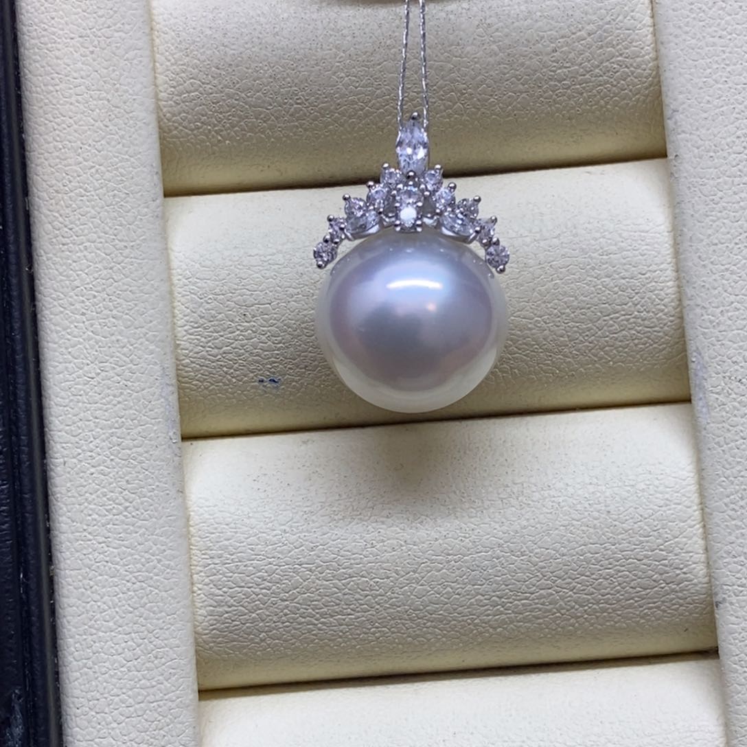 颈饰银S925镶嵌海水珍珠澳白吊坠14-15m m