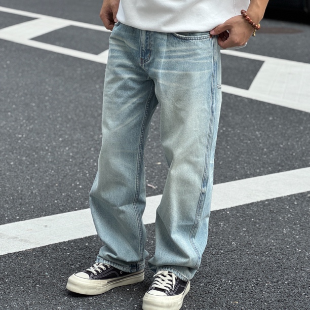 Gety新款内华达水洗冰蓝牛仔裤男士宽松阔腿直筒微锥13.5oz康龙