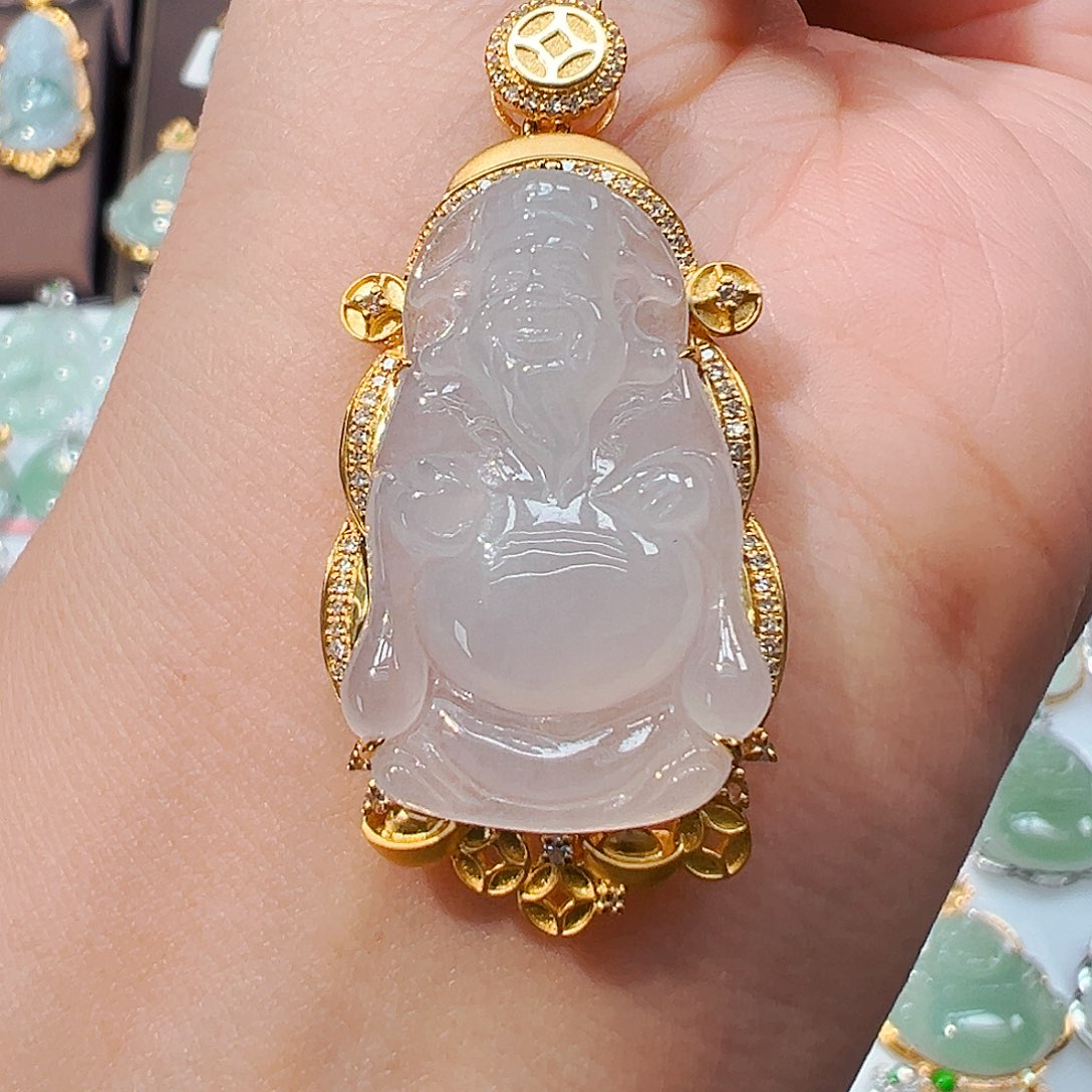 翡翠18K金镶嵌吊坠(不含链)财神爷