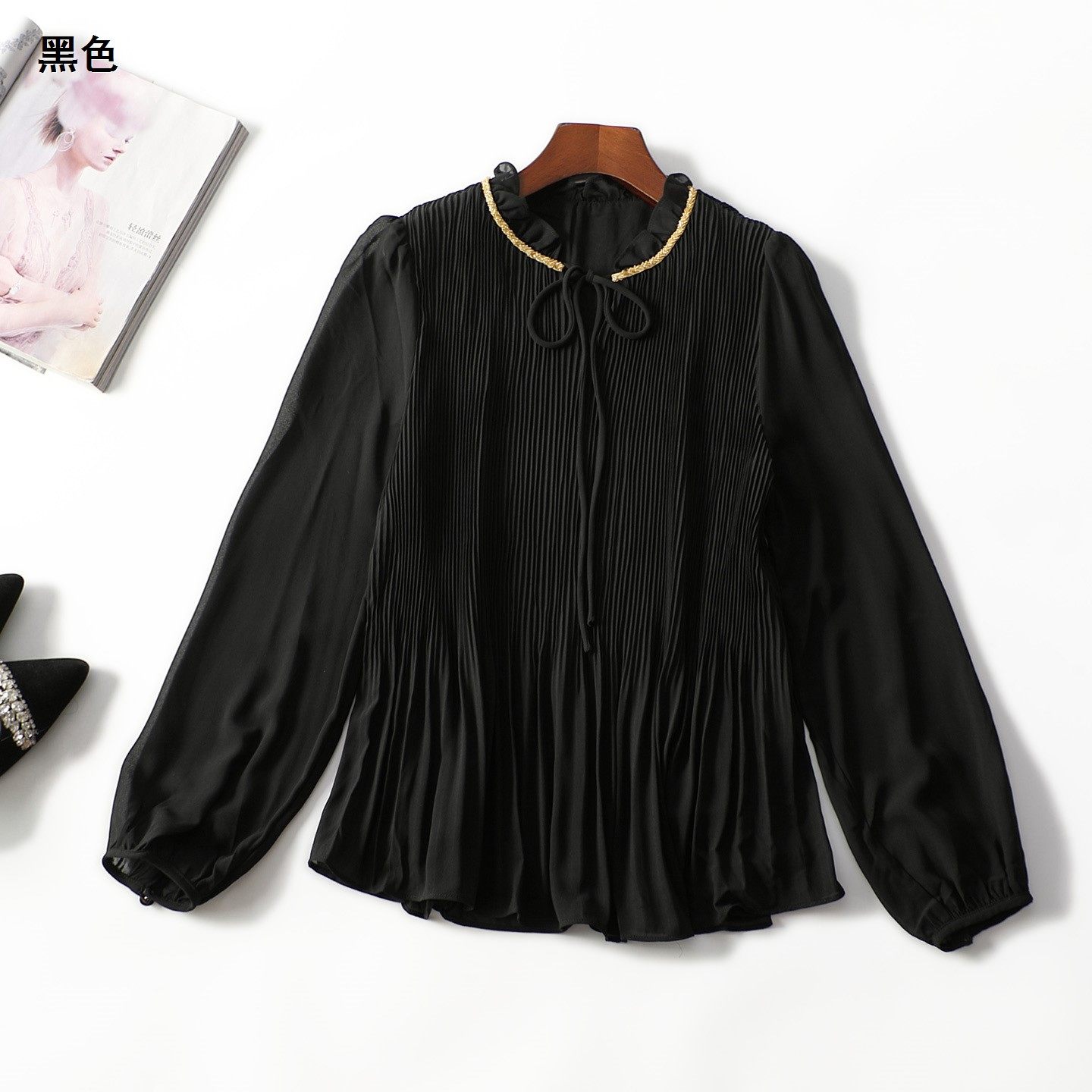 248150春中长款长袖套头衬衫黑色气质衬衣