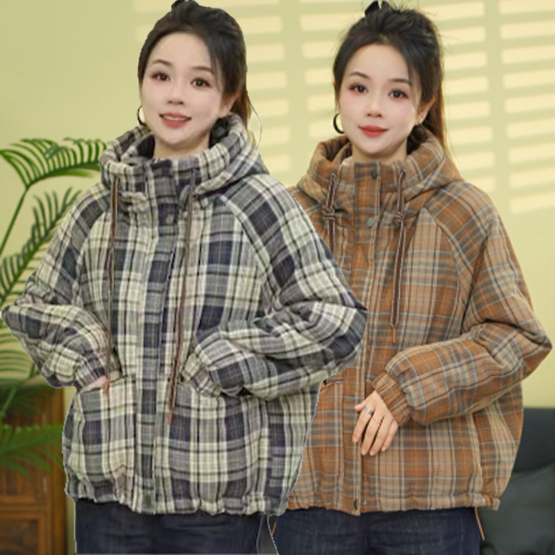 冬装新款韩版宽松连帽格子撞色厚款棉服外套